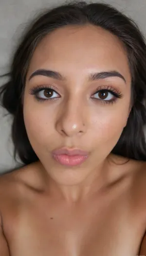 brown skinned Indian woman looking at viewer, (hooked nose), plucked eyebrows, dark skinned brown lips