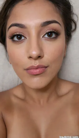 brown skinned Indian woman looking at viewer, (hooked nose), plucked eyebrows, dark skinned brown lips