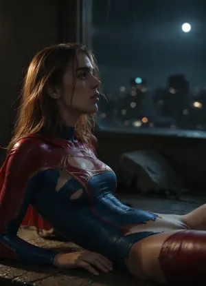 RAW image, Canon EOS R3, DSLR photo, 8k, best quality, (masterpiece:1.1), (realistic, photo-realistic:1.2), ultra high res, ((muscular), (fit and muscular)), backlight, (18 year old woman, redhead, beautiful), (woman's face post-orgasm:1.2), (close view of face:1.3), (wet hair), rain, ((rainy weather)), a dark raining city rooftop, ((rooftop)), ((toned shiny sexy supergirl, full-body catsuit)), (shiny catsuit), (ultra-thin catsuit material), (red platform boots), (on back with legs spread on a dark Skyscraper roof), sprawled on back, (head turned and laying on the ground), (body arched over broken and crushed metal rooftoop air-conditioner), (broken rooftop pieces laying around), (lying on top of wreckage), (side view near face), (mouth hanging open, vacant stare, eye roll:1.3), (watery cum is flowing from the pussy:1), (magically glowing blue cum:1), jizzed, ((night, rain)), (torn clothes, revealing clothes:1.2), <lora:BUT_SDXL_SHS:.6>, <lora:add-detail-xl:.6>, <lora:DetailedEyes_V3:.5>, <lora:dark:.3>