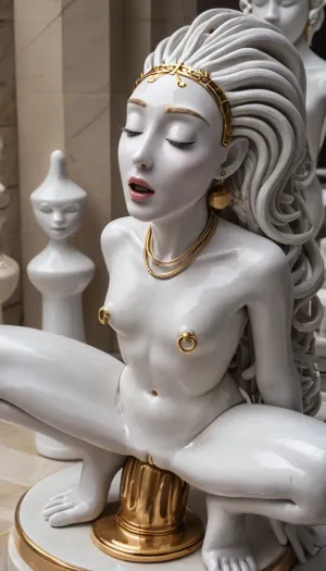 1 white ceramic porceline statue solo, 22 year old skinny female statue, closed eyes, (gold metal hair:1.5), made of porceline, ((detail she has fine white ceramic porceline skin:2), (detail white ceramic porceline female girl statue:1.1)), full body view, squatting, naked, intense excited expression, (detail huge gold metal nipple ring:1.2), white ceramic porceline, femal masturbation, head back, open mouth, ((focus detail decorative golden anal dildo:1.5)), (All white ceramic porceline girl), (flatchest), (skinny), (white porceline skin:1.5), high view, white ceramic porceline girl, d3qck, artstyle, <lora:d3qck artstyle:2>