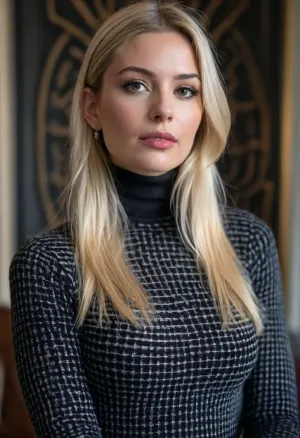 1 swiss 30yo woman, rapper, film charakter Valmira, (she wears a tight black and silver maze pattern cashmere high neck shirt and jeans:1.4), is indoors in a luxury apartment, (longest dyed blonde straight hair, middle parting with dark hairline:1.2), grey eyes, full lips, long eyelashes, pointed nose and chin, medium natural tits, rings on the fingers, long fingernails, big earrings, <lora:681678_training_data:.5>, <lora:SDXLHighDetail_v6-000005:.5>, <lora:style_lora_realis:.5>