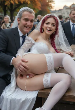 (Japanese bride:1.2), perfect nature, (autumn colors), she will be fucked outside in the German garden, (analsex:1.6), (Extrem giant cocks), (open smile mouth:1.2), (She doing spooning on the table:1.2), (view from the side:1.2), (extreme gaping vagina), (massive cumshots), (short pink braids), (she wear bride costume), cum covered, she have large silicone breasts and small nice ass, (she will be anal fucked from two old men and white:1.2), they are full clothed in pantsuit, Outside in Germany, (((public, crowded, people around))), Sunset, public, perfecteyes, 2boys, black, thighhighs, hon, one, eye, frills, puff, sleeves, (black, bridal, dress, veil:1.5), <lora:340947_training_data:.8>, <lora:681678_training_data:.7>, <lora:lora-sdxl-perfect-eyes:.5>