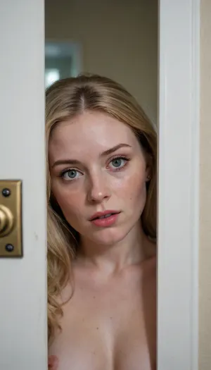 Picture taken through a tiny keyhole in a bedroom door that is in the foreground, Creepy peeping-tom spying image, ((voyeuristic)), peering through a keyhole in the door at a 29 year old thin saggy milf, she is unaware looking away, door obscures most of the image, she is lying nude on herbed, long blonde hair, she is looking at her phone, laying, realistic detailed face, realistic detailed skin blemishes, freckles, pores, ultimate realism, looking away, whole body, ((very pale skin))