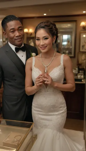 Boy give wedding ring, box on the glass display case, fond pose, smile, propose, wedding full makeup, gorgeous luxury Accessories shop, plunging, luxury sheath tight dress, ultra-detailed, ((Ultimate realistic photo)), ((detailed face)), (Romantic Braid Updo), (60 years old Korean MILF woman and huge muscular African boy), necklace, perfect hands professional wedding photoshoot style --v 6 --style raw