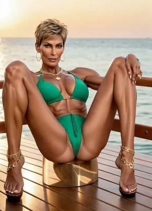 woman entire body head to toe, (riva wooden motor boat), (erotic high end seaside luxury), big eyes, high cheek bones, (red swimsuit), abundant glamourous jewelry, european, ((very dark tanned)), 60 years old, nude, (very lean and muscular), ((very tall)), ((super pixie haircut)), (narrow hairy stripe above vagina), Midjourney, MJ, style, poster, uberfit, muscular, athletic
