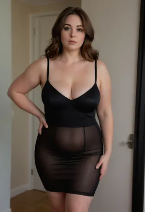 Raw pictures, shy modest tired curvy mature woman 68yo 70kg, walking, bedroom doorway, (thick body), (completely transparent black sleeveless spaghetti strap bodycon v-neck minidress:1.4), narrow waist, hands behind the back, saggy boobs, plump pubis, plump waist, disheveled hair, straight hair with bangs, light brown hair, long hair, natural skin, visible pores, freckles, slight acne scars, redness around the nose, and uneven skin texture, high quality, Best quality, realistic, awkward camera angle, unbalanced shot, (Very curvy BBW mature womans), sBbw+PAWG, (curvy:1.3)