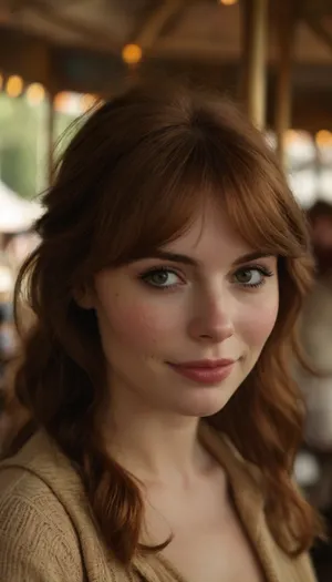 ziprealism, (candid snapshot esthetic:1.2), (sensual French woman, chic fashion, soft warm smile, bashful eye contact:1.4), (f/2.8, shallow depth of field, layered composition with subtle foreground:1.6), (tight face closeup, eyes closeup, shot in profile, eyes focus:1.2), (subtle bokeh:.4), (rich vibrant auburn hair with coppery undertones, voluminous hair, cute wispy bangs with fringe:1.4), ((large expressive eyes), slightly downturned eyes), (soft facial features, full lips, soft pillowed lips, long delicate eyelashes, soft blush, flushed skin, subtle freckles, natural skin texture), (large teardrop breasts, huge natural breasts), (romantic date, riding on a beautiful vintage carousel:1.8), <lora:style_lora_realis:1.6>