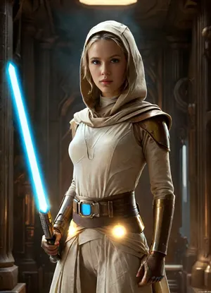 (Masterpiece), Raiting_explicit, upper body view on a female automaton inspired by Metropolis, (1927), (((dressed as a Jedi Temple Guard))), ((wears an old beige linen tunic with a hood)), ((mask of Jedi Temple Guard just in her face)), (((wide bronze belt adorned high on the waist))), caught mid-motion in a sexual pose, ((fullbody)), ((right arm extended forward holding the lightsaber hilt)), ((left hand open and raised at waist height)), ((((a small luminous blue cube levitating above her left hand)), ((she holds the hilt of her ambear lightsaber hilt in her right hand)))), mechanical body of golden bronze, back arched, buttocks prominently emphasized, elegant curves, dynamic twist of the torso, upper body turned to the side, sleek art-deco plating, glowing seams, dramatic rim lighting, thick stage smoke, industrial gears and steam pipes in the background, spotlights casting long shadows, ornate metal stage, sepia tone, retrofuturistic atmosphere, photorealistic style, artdecopostsdxl, poster, a, movie, frame, of, in, the, style, sin-city, mshn, robot, 7-TempleGuard, Holding, lightsaber, (side view), ((close up in the cube)), levitating cube, <lora:artdecopostsdxl:.8>, <lora:sin-city-sdxl-v1-000050:.8>, <lora:MJ52:.8>, <lora:Temple Guard v1.0:1.3>, Levitating, Cube, page, <lora:Levitating Cube:.8>