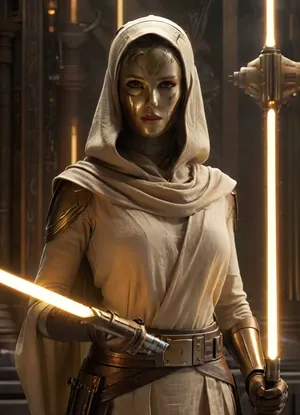 (Masterpiece), Raiting_explicit, upper body view on a female automaton inspired by Metropolis, (1927), (((dressed as a Jedi Temple Guard))), ((wears an old beige linen tunic with a hood)), ((mask of Jedi Temple Guard in her face)), (((wide bronze belt adorned high on the waist))), caught mid-motion in a sexual pose, ((fullbody)), right arm extended forward holding the lightsaber hilt, ((left hand open and raised at waist height)), ((((a small and luminous levitating cube above her left hand)))), ((she holds the hilt of her ambear lightsaber hilt in her right hand)), mechanical body of golden bronze, back arched, buttocks prominently emphasized, elegant curves, dynamic twist of the torso, upper body turned to the side, sleek art-deco plating, glowing seams, dramatic rim lighting, thick stage smoke, industrial gears and steam pipes in the background, spotlights casting long shadows, ornate metal stage, sepia tone, retrofuturistic atmosphere, photorealistic style, artdecopostsdxl, poster, a, movie, frame, of, in, the, style, sin-city, mshn, robot, 7-TempleGuard, Holding, lightsaber, (side view), ((ultra mega close up in the levitating cube)), levitating cube, <lora:artdecopostsdxl:.8>, <lora:sin-city-sdxl-v1-000050:.8>, <lora:MJ52:.8>, <lora:Temple Guard v1.0:1.3>, Levitating, Cube, page, <lora:Levitating Cube:.8>