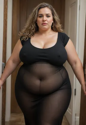 Raw pictures, shy modest tired curvy mature woman 68yo 70kg, walking, bedroom doorway, (thick body:1.4), (completely transparent black bodycon dress:1.4), narrow waist, hands behind the back, saggy boobs, disheveled hair, straight light brown hair, long hair, natural skin, visible pores, freckles, slight acne scars, redness around the nose, and uneven skin texture, high quality, Best quality, realistic, (person in the frame but poorly centered, partially cropped out:1.1), off-frame composition, head cut off, awkward camera angle, unbalanced shot, (Very curvy BBW mature womans), sBbw+PAWG, (obese:1.3), <lora:add-detail-xl:.8>, <lora:gyakutaiojisan_bed_AB_XL:.8>