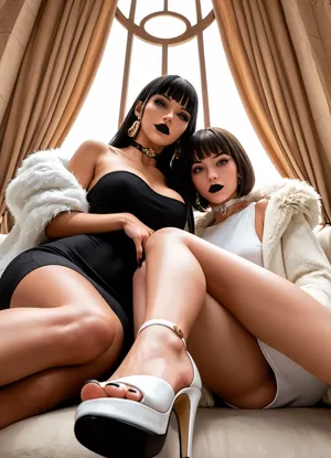 Séduction royale

- Oui.

Dans un palais royal, deux grandes reines égyptiennes, amies, s'allongent sur un tapis de peluche. La reine aux bangs foncés et au rouge à lèvres noir semble séduisante, son manteau de fourrure légèrement ouvert pour révéler son décolleté. Elle porte des talons hauts et une jupe serrée, des ongles peints et un étrier autour du cou. Son amie, aussi dans une jupe serrée et des talons hauts, se trouve à côté d'elle, les deux partageant un sourire ludique.