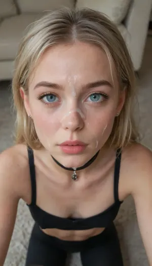 subdued light, Very skinny young girl, Beautiful 18 year old Russian girl, cute but spoilt by and arrogant, a cruel bully, blonde hair, petite, narrow waist, natural cutie, slim, small nose, very big bright eyes, small chin, high cheekbones, a bitch, Indifferent superior expression, fully dressed, wearing skintight very clingy shiny very glossy black latex vinyl leggings, black spandex shirtsweaty, cumshot, cum on face and clothing, chocker, high quality, Best quality, realistic, Looking, very detailled, snapchat text "It was awsome babe Xo", blowbang, bukake, woman, cum, on, face, <lora:JustCum:.8>