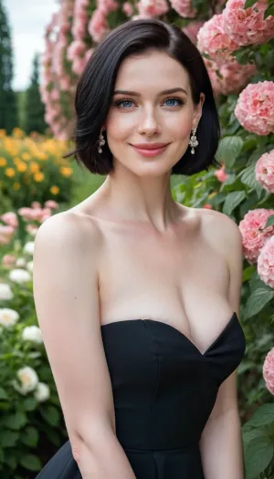 A 28 years old russian woman, (wearing a black strapless dress), smile, inverted Bob cut, black hair, very white and pale skin, blue eyes, thin, Slender body, elegant party in flower garden, earrings, freckles, makeup, middle body view, hans up, sweat armpit, huge tits, slim waist, posing