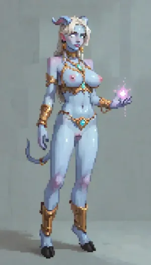 Stylized pixel art, fine pixel art pixelart, front view, full body view, world of warcraft art, (((world of warcraft female draenei))), standing in stormwind city harbor, (((very light blue skin))), exposed breasts, exposed pussy, lingerie armor, gold garters, gold cuffs, gold necklace, gold body chain, long blowing hair, long flowing silver hair, skinny waist, ((white eyes)), big breasts, pierced nipples, pieced clit, perfect ass, (standing in stormwind), ((partially wearing paladin armor)), ((parially nude)), trimmes pussy, (real skin textuture), high res texture, from front, (dynamic sexy pose), ((healing spell)), magic runes in the air, (incase style), pixel, art, pixelart, <lora:ratatatat74-000050:1.3>, <lora:outline_xl_kohaku_delta_spv5x:1.8>, <lora:cartoon_stickers_xl_v1:.6>, <lora:NEOTOKIOXL_0.2_RC:.4>, <lora:pixel_stormXL:.3>