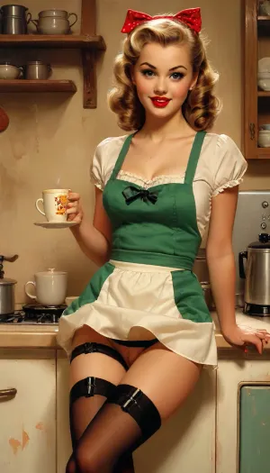 1950s pinup oil painting of a woman age 20s, wearing a Staebucks apron and stockings, pantyless upskirt, holding a cup of coffee, (front view), showing her bpussy, lifting her apron to show her pussy., style, of, Gil, Elvgren, upskirt, vagina, <lora:tbh149-sdxl:.3>, <lora:upskirt:.9>