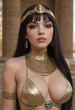 (Sexy cleopatra:1.4), super sexy hourglass body, medium big breasts, sexy makeup, black eyeshadow, lots of eyeliner, (sexy Egyptian pharaoh outfit:1.5), ((upper body close up)), cleavage, EXOTIC, big fake lips, small waist, big butt, curvy, thin waist, at the pyramids in Egypt 3000 b.c.