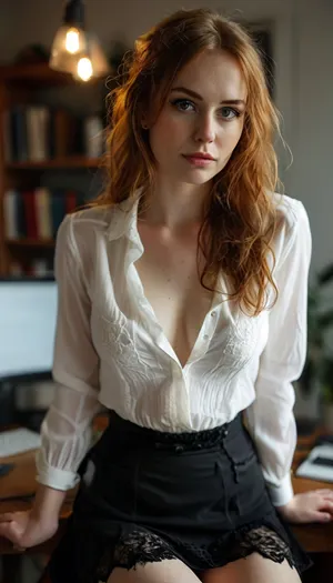 warm lightning, erotic, pornochic, subdued atmosphere, in office, beautiful red hair woman secretary 20 year old, wearing unbuttoned white shirt, show nipples, show pussy, upskirt, black lace bra, lace black skirt, no panties, stockings, back view, unwearing her, caressing tits, caressing pussy, sitting upon computer, porn on screen, chiaroscuro, fingering, hand in panties, hairy pussy, raw, <lora:MJ52:2>, <lora:style_lora_realis:2>, raw, <lora:255596_training_data:.8>, FRESHIDEAS, Real, Photography, 2#, <lora:FRESHIDEAS Real Photography 2#:.8>