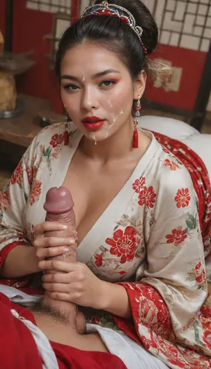 ((fully clothed)), ((traditional Native Japanese Geisha clothing Style)), ((absolutely light skin)), (traditional Native Japanese Geisha jewelry), Native Japanese Geisha, (very beautiful Native Japanese Geisha princess with traditional hair cut), very beautiful seductive face, full red lips, facial, huge ass, ((princess gives hand job and forcing a veiny cock to ejaculate a very big amount of semen on her very gigantic massive saggy tits)), (very very gigantic saggy breasts), (viewing angle slightly from above), cum on tits, (extreme hairy pussy), cumshot, open mouth, (tongue), pussy fucking, Reverse Cowgirl, riding cock