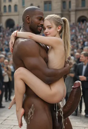 8k, uhd, photorealistic, (((interracial))), (strong tall man, lean and muscular man:1.3), ((extreme oversized penis:1.4)), (carry fuck), 18 year old, (petite:1.3), ((flatchest:1.4)), ((small body:1.4)), (glistening skin:1.1), small breasts, (light platinum blonde:1.3), high ponytail, hugging, (leg lock:1.3), anal sex, anal squirt, (excessive cum:1.4), (huge size difference:1.7), nice bubble butt, breasts visible, (perfect smile:1.4), (large eyes:1.2), (looking up), (close view of face:1.3), side angle view, in dark medieval prison, flat, chested, 4ng3l, face, (crowd of people), <lora:detailed_notrigger:1.1>, <lora:flat_chested_v3.5:1.6>, <lora:SDXL_BetterFaces-LoRA_v1:1.6>, <lora:crowd_notrigger:1.3>, <lora:Medieval_Prison-SDXL:.3>