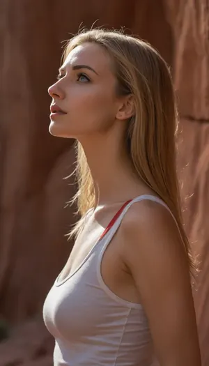 ziprealism, (intimate snapshot esthetic, dappled lighting, dynamic shadows, contrasting shadowplay), (tight tank top, shot in profile, view from side:1.6), (hiking in red rock slot canyon, peaceful stream, sheer red rock cliffs), (gorgeous woman), (f/2.8, shallow depth of field, focus on eyes, medium closeup), (soft bokeh, subtle bokeh), (ash-blonde hair, long hair, straight hair), (large expressive eyes, mischievous expression), (large teardrop breasts, athletic body)
