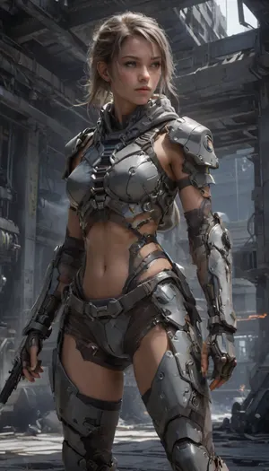 sexy uniform futuristic combat harnesses, Bermuda shorts, leg guard, elbow guard, gauntlet, gray hoodies that let her see her bare stomach and her crop top, small armor camouflage gray., neotech, glowing, scifi, wkas, <lora:NeoFuturisticTechXL:.8>, <lora:wkas:.8>, <lora:Mecha_Ggorgeous_Armor-000011:.8>