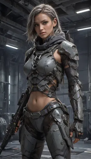 sexy uniform futuristic combat harnesses, Bermuda shorts, leg guard, elbow guard, gauntlet, gray hoodies that let her see her bare stomach and her crop top, small armor camouflage gray.with a Futuristic Submachine Gun, neotech, glowing, scifi, wkas, <lora:NeoFuturisticTechXL:.8>, <lora:wkas:.8>, <lora:Mecha_Ggorgeous_Armor-000011:.8>