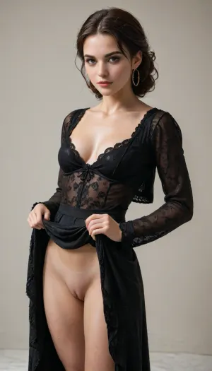 A realistic and detailed image of a tan and chesty, female from the 1870s with her brunette hair styled in an long messy with curls, She is dressed in a gorgeous dark brown velvet travel gown with a tight bodice and long sleeves, made from rich fabrics such as silk and velvet or brocade. The bodice is designed with fur trim, adding a touch of allure to her elegant attire. The skirt of the gown creating a voluminous and luxurious silhouette. The woman is posed standing in a busy wooden wild west saloon with cowboys, (she showing her breasts), pulling down her top to reveal big real saggy tits. The saloon is intricately detailed, providing a striking contrast to the woman's elegant attire. The background features further emphasizing the authenticity of the 1870s setting, shaved pussy, slim, athletic, muscular legs, skirtlift, <lora:skirtlift_xl:.8>, mad-stpk-ggls, mad-stpk-flcp, mad-stpk-ht, <lora:Gearbound_Steampunk_Chic_2_SDXL:.8>, <lora:boots:.8>, <lora:193712_training_data:.8>