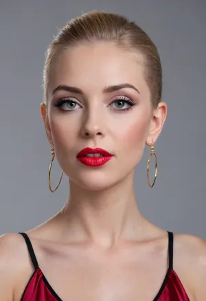 ((((((appearance Russian 65 years old, life has battered her, pretends to be a virgin, is mannered, shows off))), (((((((hoop earrings)))))), (((there is a lot of mascara and black eyeliner on the eyes, facial skin battered and dented by time, average height, ((buzzcut hair)), ((very short hair, light, grayish, faded, hair, without a parting on the head)), high open forehead, straight very short bangs, short nose, large distance from nose to upper lip, bulbous nose, large very wide tip of nose and nostrils, large wings of nose, nostrils and tip, age-related dark streaks folds of nose and lips, realistic dark eyes, darkness under tired eyes, eyes deep in sockets, thick application of black mascara, eyebrows low to eyes, eyebrows in a semicircle, light eyebrows barely noticeable, eyes heavily outlined with mascara, eyes and corners are lined with black pencil, round face, plump fleshy face, wide chin, thin lips, creased cheeks, very flushed face, very light gray irises, realistic detailed eyes, big eyes, open eyes, dark circles under eyes, eyes and mouth are small, red lipstick, pouts cutely, very red lipstick, very dark black and thick eyeliner, but very light-grey iris))), (((slight smile, dissatisfied commander's look))), (((straight flat back, good posture, slightly raised strong shoulders, pumps))), (((shoulders in line, back straight and flat))), (((dark pink satin bra with wide straps, gold chain around neck))), (((big huge inflated boobs with push up effect))), (((highly detailed skin, skin details))), (((seductive provocative pose, experienced bitch, lustful, slut, close-up))), (((sharp focus, 8k UHD, DSLR, quality, high))), (((POV:1.05))), (((view from slightly above))), (((this is a fetishist-masturbator's dream image))), (masterpiece:1.5), (ultra realism), (hyper realism, 3D effect and presence effect), (super quality), (chic, shine, hot, sexy), (ultra quality), (full hd), (desktop wallpaper), (1080 lines), (sharp focus), (mega sharpness), (sharpness of objects in the center of the frame), (realistic light), (realistic shadows), (((looking at the viewer, intense stare, eye contact, looking at camera, blue eyes))), (((red lipstick, mouth open, lips oval, lips circular, teeth, tongue))), (((4K, high resolution, best quality, play of light, sun rays, detailed face, ultra realistic))), (((all dry, sick, dried up, jailer, old brutal whore, portrait with shoulders:1.65)))))))