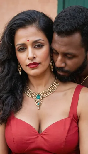 ((38 year old Indian mature bbw woman, bindi, sindoor, mangalsutra necklace, long voluminous hairs falling on face stylish very long hairs over one shoulder), massive huge boobs, milf, chubby fat), ((with a nigerian 55 yo built muscular best hairstyle 1man), hugging romantic with her), (tennis court with partner), (colorful copper color deep v neck elena frill frock knee length), full jewellery nacklace, seducing naughty smirk, long earrings, full makeup, high heels, mascara, big lips, red lipstick, eye liner, view from top, full length size picture, facing the viewers, whisper in ears, seducing flirting stylish pose, Fashionable, ((with a nigerian 1man best hairstyle 55 yo built muscular hugging romantic with her)), very romantic cuddling squeezing hands, (with a nigerian 1man:1.2), 55 yo built muscular best hairstyle, mlfpchs, <lora:milfpeaches_RealvisXLV5(e14):.4>, with, a, beard, <lora:Cruz'sBeard:.8>