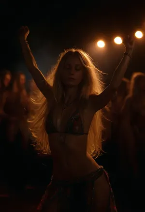 beautiful gorgeous glamourous sexy hippie woman, slender body, (flat-chested:1.6), athletic body, tanned skin, (perfect face), silent smile, eyes closed, (long straight blonde hair:1.4), (sexy hippie-outfit:1.4), (dances ecstatically and seductively at hippie festival at night:1), (hot moving hips, swinging arms up:1.5), millions of colorful magical bright glowing fireflies fly through the air, cloudy, smoke, atmospheric, clouds, fog, Goa, <lora:add-detail-xl:.7>, <lora:MJ52:.8>, <lora:Cloudy_Style:.6>, <lora:265214_training_data:1.2>, <lora:dark:.1>