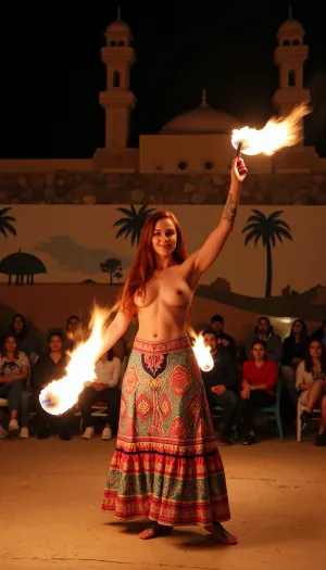 A beautiful, busty Palestinian woman, with fiery red hair cascading down her back, adorned in a vibrant traditional Palestinian dress that complements her olive skin. Her eyes are lined with kohl, sparkling with the flames reflected from the mesmerizing fire show she's about to perform. The dress, a rich tapestry of traditional embroidery, hugs her curvaceous figure and flares out at the bottom, allowing a glimpse of her intricately designed henna tattoos on her ankles and feet. She stands in the center of a dimly lit, open-air stage, surrounded by an audience whose faces are a mix of awe and anticipation. In her right hand, she holds a set of fire pois, which are already ablaze with a fiery dance of orange and red flames. Her left hand is poised in the air, holding a second set of flaming props ready to be brought into her routine. The stage is decorated with a backdrop of traditional Middle Eastern motifs and patterns, with the silhouettes of palm trees and minarets standing tall in the night sky. The flaming props cast dramatic shadows across her body, accentuating her curves and the intensity of her performance. As the woman takes a deep breath, she begins to spin the fire pois with graceful precision, her movements a captivating fusion of sensuality and power. The flames dance around her in a hypnotic rhythm, creating a fiery aura that illuminates the scene. Her smile is a beacon of confidence and passion as she completely immerses herself in the art of fire dancing, bringing alive the vibrant cultural spirit of Palestine.