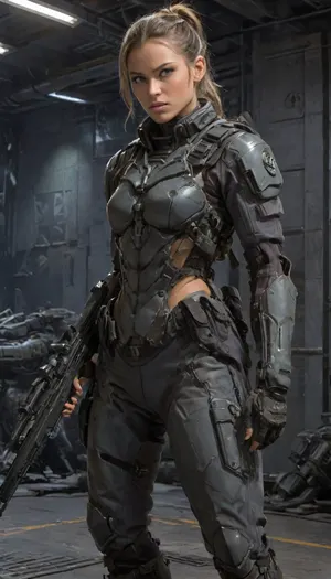 sexy deeply tanned, hair in a ponytail, realistic eyes, realistic oiled skin, uniform Starship Troopers futuristic combat harnesses, Bermuda, leg guard, elbow guard, gauntlet, gray hoodies, toplesse small armor camouflage gray.with a Futuristic AR rifle drawn, helm, helmet, hood, neotech, glowing, scifi, (nude breasts), 1girl, thigh_strap, o-ring, solo, small_breasts, wkas, with, a, army, suit, and, (((Tactical gun pose on one knee))), <lora:NeoFuturisticTechXL:2>, <lora:wkas:2>, <lora:StarshipTroopers1024:.1>, <lora:Mecha_Ggorgeous_Armor-000011:.4>, <lora:230394_training_data:.8>