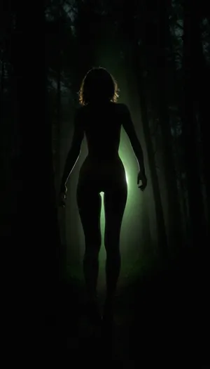 score_9_up, score_8_up, score_7_up, russian mature women, hourglass figure, landing strip, thigh gap, realistic body proportions, perfect anatomy, good hands with perfect fingers, super detailed skin texture, long legs, in the dark forest, walking into the mysterious green bright light, green light in front of her, clear silhouette against green light, random pose, view from behind, view from the ground, fish eye, very dark focused flash photo of found footage, <lora:sdxl_darkflash_v6-000060:.8>, <lora:dark:.8>