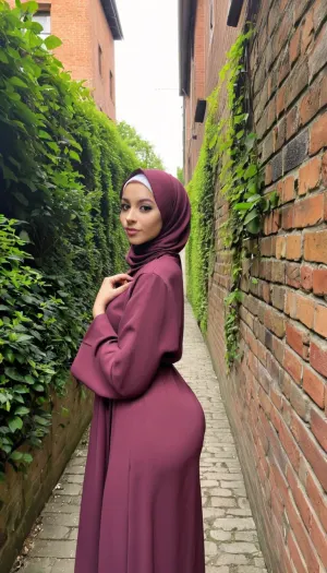 This is a highly detailed selfie of a, (anorexic young muslim woman:1.3), posing outdoors in a sunlit garden. Her bodyheight is incredibly short. Her Hair is fully covered by her Hijab. Her skin is fair, and she has a soft, delicate complexion. She is dressed in a proper maroon hijab. She is also wearing a matching abaya. Her abaya is very wide and loose and covers her whole body appropriately. Her makeup is subtle, with a focus on her eyes, which are accentuated with dark eyeliner and mascara, and her lips are painted a soft pink. Flat chested. Her chest is flat and her breats tiny. Fully clothed. teasing her cute small butt.

The background features a narrow alleyway tucked behind an old building, creating a secluded space shielded from prying eyes. The rough brick walls rise high on either side, partially covered in ivy and creeping vines that soften the harsh lines. A faint scent of damp earth mingles with the air, adding to the hidden atmosphere. A few scattered crates and discarded items line the ground, providing additional cover and creating an intimate setting. The dim light filters through a small gap between the buildings, casting soft shadows that dance along the walls. This concealed nook offers a sense of security and privacy, ideal for those seeking a moment away from the world.