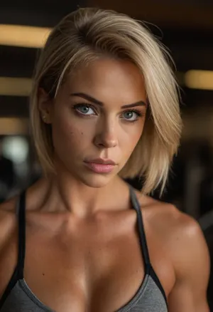 ziprealism, (inspirational snapshot esthetic, inspirational poster), (athletic woman, bodybuilder, determined expression, muscular shoulders, sports bra:1.2), (f/2.8, shallow depth of field, layered composition, medium closeup shot, Dutch Angles, focus on eyes:1.6), (creamy bokeh), (ash-blonde hair, thick voluminous hair, short cut hair, plunging bob cut, swept-back hairstyle:1.4), (catchlights, limbal rings, large expressive eyes, stunning eyes, perfect eyes, long delicate eyelashes), (strong jawline, angular features, large teardrop breasts), igbaddie, <lora:igbaddie-XL:.4>, <lora:style_lora_realis:.8>