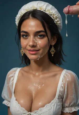 (Indian woman:1.1), (sleek straight cut hair:1.2), (shoulder hair), (black hair), hooked nose, plucked eyebrows, dark complexion, smile, (transparent liquid, wet face:1.2), (cum on her face, bukakke:1.3), white summer dress, cleavage, dark blue background, short sleeves, puffer sleeves, (flower print on dress:.8), (fancy British Lady's hat with feathers)