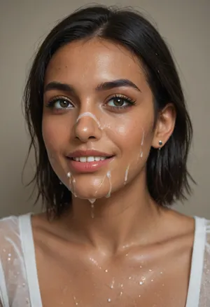 Indian woman, (sleek straight cut hair:1.2), (shoulder hair), (black hair), hooked nose, plucked eyebrows, dark complexion, smile, (transparent liquid, wet face:1.1), (cum on her face, bukakke:1.3)