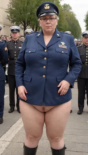 no skirt, no panties on a OBESE 61-year-old European woman, grandma with hidden shaggy tits and shaggy belly under buttoned DARK green Military parade suit. Shaved pussy is visible. Light grey blond hair, wrinkles. Dark lipstick on thin lips, dark makeup, glasses. Slut face. She is dressed only with, ((buttoned NAVY BLUE Military parade suit:1.5)), buttoned up on the tits, officer's peaked cap., ((NO skirt:1.5)), NO PANTIES. long boots, belt, ((shaved pussy visible:1.5)), full figure visible, outdoor, prisoners of war, realistic image, ultra HD, 8k, ((daylight)), HD, true colors, detailed portrait. No blur, ultra HD photorealistic full height 8k, <lora:356724_training_data:.8>, megachubsdxl, morbidly, obese, <lora:megachubsdxl_13:.4>, plump, skindentation, chubby, bbw, venus, body, big, breasts, ass, <lora:Chubby BBW - XL:.8>