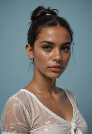 (brown skinned Indian woman looking at viewer:1.3), (dark skinned lips), (slightly bent nose:1.2), (slender arched nose:1.1), jawline, slightly side view, (short sleek straight tied hair:1.3), arrogant, (black hair), hooked nose, plucked eyebrows, dark complexion, (transparent liquid, wet face), (cum on her face, bukakke), white summer dress, cleavage, dark blue background, short sleeves, puffer sleeves, (flower print on dress:.8), (haute couture feather head accessory:1.1), millinery, fascinator, faint smile