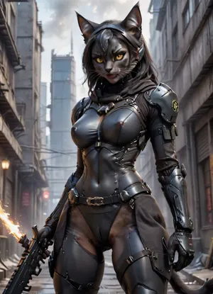 black cat., Sexy Girls With Furry Tail, ((cat ear, cat tail)), gray eyes, black cat. gray eyes. black cat queue. black cat ear, black hair, .sexy uniform futuristic in full combat gear, knife, holster with a gun, long rifle, belt, gloves, no pants, ..combat harnesses, combat belt, bare thigh, bare arm, bikini, leg guard, elbow guard, gauntlet, gray hoodies, small armor camouflage gray.with a Futuristic long rifle drawn, helm, hood, 1girl, thigh_strap, o-ring, solo, on the battlefield outdoors on fire in the city, . cat, wrapped, in, leather, straps, harnesses, and, garters, harness, naitaopidai, neotech, glowing, scifi, feline_hybrid, furry, <lora:naitaopidai_XL_reg0_:.1>, <lora:Sexy_Girls_With_Foxtail_SDXL-000003:.1>, <lora:Mecha_Ggorgeous_Armor-000011:2>, <lora:NeoFuturisticTechXL:2>, <lora:Realistic_Feline_Hybrids:.1>