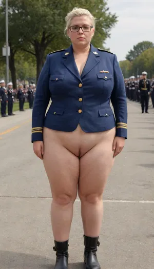 no skirt, no panties on a OBESE 61-year-old European woman, grandma with hidden shaggy tits and shaggy belly under buttoned BLACK Military parade suit. Shaved pussy is visible. Light grey blond hair, wrinkles. Dark lipstick on thin lips, dark makeup, glasses. Slut face. She is dressed only with, ((buttoned NAVY BLUE Military parade suit:1.5)), buttoned up on the tits, officer's peaked cap., ((NO skirt:1.5)), NO PANTIES. long boots, belt, ((shaved pussy visible:1.5)), full figure visible, outdoor, prisoners of war, realistic image, ultra HD, 8k, ((daylight)), HD, true colors, detailed portrait. No blur, ultra HD photorealistic full height 8k, <lora:356724_training_data:.8>, megachubsdxl, morbidly, obese, <lora:megachubsdxl_13:.4>, plump, skindentation, chubby, bbw, venus, body, big, ass, <lora:Chubby BBW - XL:.8>, <lora:milkers_v2:.8>