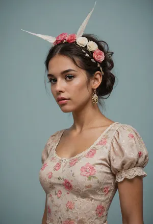 (brown skinned Indian woman:1.3), (sickle nose), (arrogant and bratty), (sleek straight cut hair:1.2), (shoulder hair), (black hair), hooked nose, plucked eyebrows, dark complexion, (transparent liquid, wet face:1.2), (cum on her face, bukakke:1.3), white summer dress, cleavage, dark blue background, short sleeves, puffer sleeves, (flower print on dress:.8), (haute couture feather head accessory:1.1), millinery, fascinator