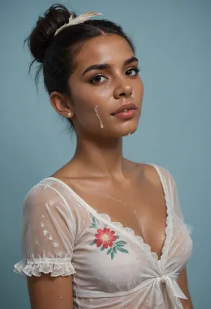 (brown skinned Indian woman looking at viewer:1.3), (dark skinned lips), (slightly bent nose, slender arched nose:1.2), jawline, slightly side view, (short sleek straight tied hair:1.3), arrogant, (black hair), hooked nose, plucked eyebrows, dark complexion, (transparent liquid, wet face), (cum on her face, bukakke), white summer dress, cleavage, dark blue background, short sleeves, puffer sleeves, (flower print on dress:.8), (haute couture feather head accessory:1.1), millinery, fascinator, faint smile