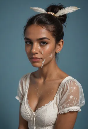 (brown skinned Indian woman looking at viewer:1.3), (dark skinned lips), (slightly bent nose, slender arched nose:1.2), jawline, slightly side view, (short sleek straight tied hair:1.3), arrogant, (black hair), hooked nose, plucked eyebrows, dark complexion, (transparent liquid, wet face), (cum on her face, bukakke), white summer dress, cleavage, dark blue background, short sleeves, puffer sleeves, (flower print on dress:.8), (haute couture feather head accessory:1.1), millinery, fascinator, faint smile