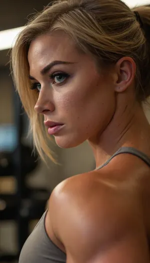 ziprealism, (inspirational snapshot esthetic, inspirational poster), (athletic woman, bodybuilder, expression of determination and focus, muscular shoulders:1.2), (f/2.8, shallow depth of field, layered composition, medium closeup shot, Dutch Angles, shot in profile:1.6), (creamy bokeh), (ash-blonde hair, thick voluminous hair, short cut hair, plunging bob cut, swept-back hairstyle:1.4), (catchlights, limbal rings, large expressive eyes), (strong jawline, angular features, large teardrop breasts), igbaddie, <lora:igbaddie-XL:.4>, <lora:style_lora_realis:.8>