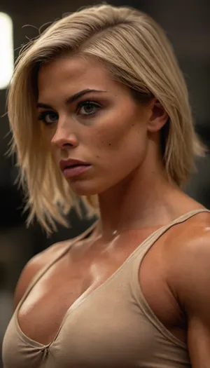 ziprealism, (inspirational snapshot esthetic, inspirational poster), (athletic woman, bodybuilder, expression of determination and focus, muscular shoulders:1.2), (f/2.8, shallow depth of field, layered composition, medium closeup shot, Dutch Angles, shot in profile:1.6), (creamy bokeh), (ash-blonde hair, thick voluminous hair, short cut hair, plunging bob cut, swept-back hairstyle:1.4), (catchlights, limbal rings, large expressive eyes), (strong jawline, angular features, large teardrop breasts), igbaddie, <lora:igbaddie-XL:.4>, <lora:style_lora_realis:.8>