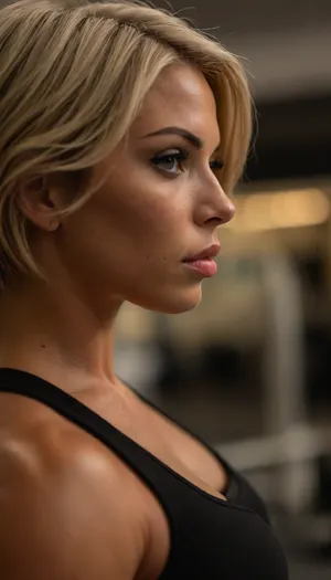 ziprealism, (inspirational snapshot esthetic, inspirational poster), (athletic woman, bodybuilder, expression of determination and focus, muscular shoulders, working out:1.2), (f/2.8, shallow depth of field, layered composition, medium closeup shot, Dutch Angles, shot in profile, view from side, focus on eyes:1.6), (soft bokeh:.4), (ash-blonde hair, thick voluminous hair, hair cut in textured layers, short cut hair, plunging bob cut, swept-back hairstyle:1.4), (catchlights, limbal rings, large expressive eyes), (strong jawline, angular features, large teardrop breasts), igbaddie, <lora:igbaddie-XL:.4>, <lora:style_lora_realis:.8>