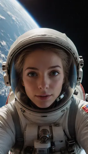 selfie photograph of a female astronaut floating in space, earth in the background.