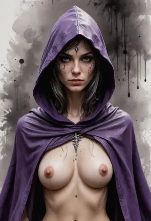 Dungeons&Dragons style, a druid femaleelf. Black diseased spots dot her hands. She wears a hooded cloak, bare chested and nude, busy bush, ink drawing wet on wet, alcohol, Abstract_modern_ink, Yoji Shinkawa, Luis Royo, purple and grey palette, Ink ink lines crosshatching