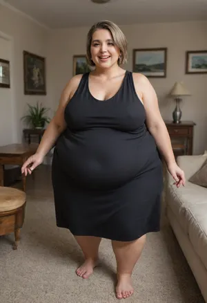 Lubica stepaunt, Mature fat bbw woman, (obese:1.5), 60 years old, married, Spanish, housewive, aunt, hot mom, milf, (light brown hair with highlights), ((detailed eyes)), saggy, hangers, (loose low-cut sleeveless black dress:1.4), living room, full body shot, depth of field, ((open mouth:1.2)), smiling, pretty teeth